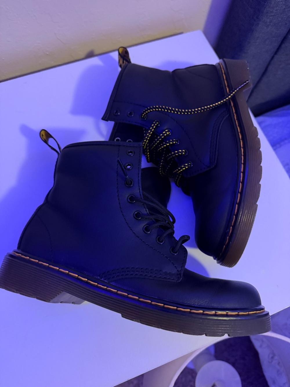 Black Lace-Up Dr. Martens Boots with Yellow Stitching young kids size 3